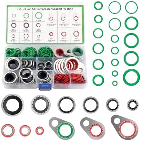 195PCS O Ring Assortment Kit,Multi-Size Car Air Conditioning Compressor Seals O-Ring & Gakest,Universal A/C Seal Kit for Automotive Replacement AC Compressor Kit R134A Refrigerant Valve Core by Unknown