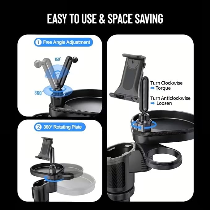 4 in 1 Car Table Tray，360° Rotation Cup Holder Tray for Car ，Mobile Phone Holder Car Cup Holder Tray ， Compatible with Vehicles, Car, Road Trip Essentials - Image 4
