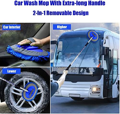 62" Car Wash Brush Mop Kit with Long Handle, 2 in 1 Chenille Microfiber Sponge Mitt Cleaning Detailing Duster for Washing Cars Truck SUV RV Caravans and Household(2 x Mop Head) (Blue) - Image 3