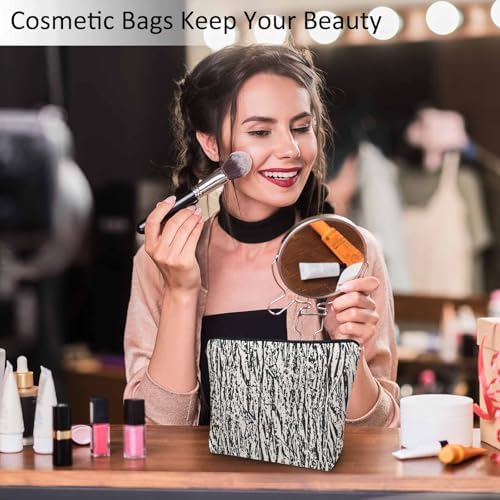 Women Cosmetic Bag Wood, Grunge Grain Wood Branch Cute Makeup Bag For Purse Cosmetic Travel Bag For Toiletries Makeup Storage Bag Flax Skincare Bag Make Up Pouch Bags, White Black - Image 2