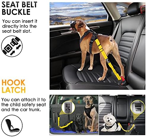 SlowTon Dog Harness, Adjustable Dog Seatbelt, 2 in 1 Latch Bar Attachment, Reflective Nylon Belt Tether, Yellow, 27.55in | Hook Latch Bar& Seatbelt Buckle, Reflective, Heavy Duty Nylon, Durability, Easy of Use, for Travel Riding, Yellow, 27.5" - Image 2