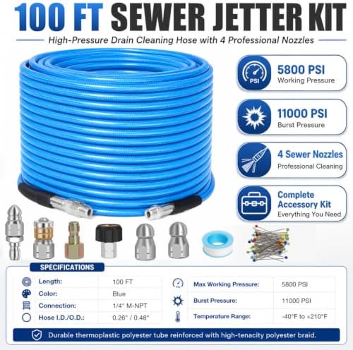 100 FT Sewer Jetter Kit for Pressure Washer, 5800PSI Drain Cleaner Hose - Image 5