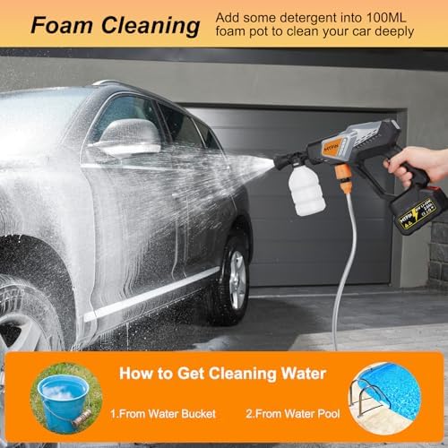 Portable Cordless Pressure Washer, 600 PSI with 21V Two Rechargeable Powered Pressure Washer, 6-in-1 Nozzle with 2 Batteries for Car/Fence/Garden/Floor/Yards Cleaning - Image 4