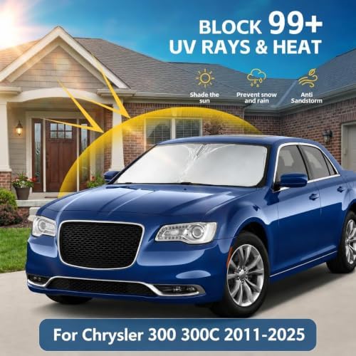 Windshield Sun Shade for Chrysler 300 300C 2011-2024 2025 Sunshade Front Window Shade Custom Fit 300 300C Accessories Sun Visor Foldable Shade Blocks UV Rays Accessories - Image 2