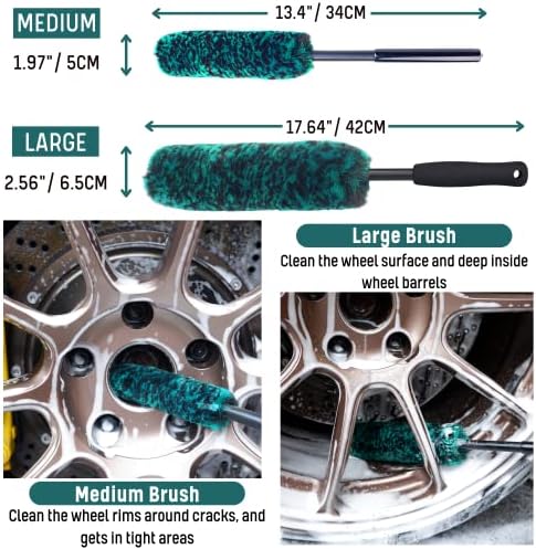 oesee Professional 4 Pack Long Handle Wheel Brush Kit for Cleaning Wheel and Tire- 2X Soft Wheel Cleaning Brush, Detailing Brush and Stiff Tire Brush, Bendable& Durable Wheel Rim Cleaner Brush Set - Image 3