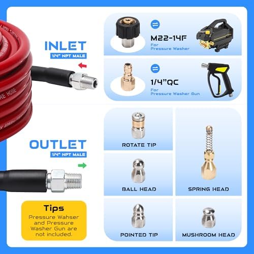 Sewer Jetter Kit for Pressure Washer, 100FT 5800 PSI Drain Cleaner Hose with 1/4" NPT Corner, Rotating and Button Hose Sewer Jetting Nozzle, Waterproof Tape, Pearl Corsage Pin, Spanner, Glove - Image 3