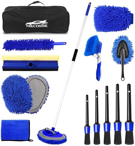 62'' Car Wash Brush Kit Mitt Mop Sponge with Long Handle, 1 Chenille Scratch-Free Replacement Head, Windshield Window Squeegee,Car Duster,Car Detailing Brushes,Tower,Car Cleaning Kit for Cars RV Truck by NIKCOSMK