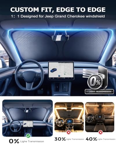 DMJN Front Windshield Sun Shade for Jeep Grand Cherokee (2011-2026), [Nano Ice-Crystal Coatings] UPF50+ Heat & UV Block, Protect Car Interior & Keep Cool, Flodable Steel-Ring Car Cover for Summer - Image 4