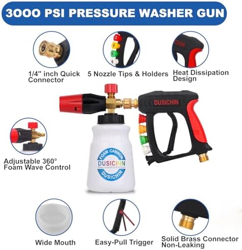 DUSICHIN Foam Cannon Short Pressure Washer Gun 1/4 Inch Quick Connector,5 Pressure Washer Nozzle Tips Car Wash Foam Gun 3/8'' Swivel Quick Connector,M22-14mm M22-15mm Fitting,Not Use with Garden Hose - Image 4