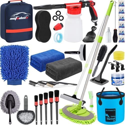 42Pcs Car Wash Detailing Kit Cleaning Set with Foam Gun Sprayer, Long-Handle Brush, Collapsible Bucket, Large Wash Mitt, Towels, Complete Interior & Exterior Car Washing Supply Set (Blue) by AUTODECO