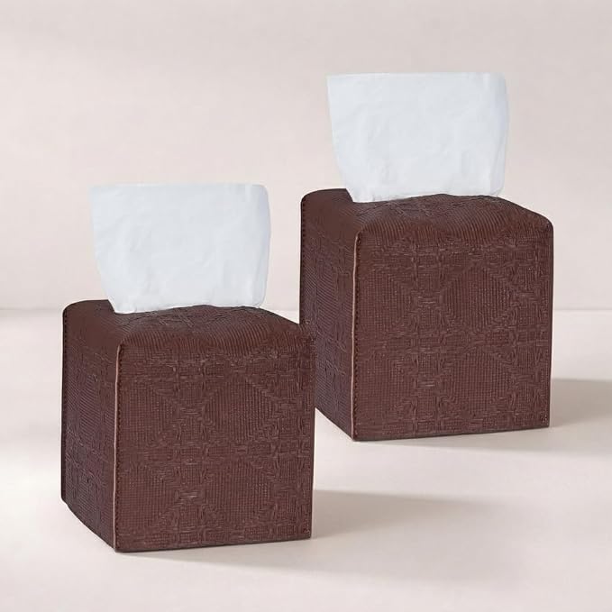 Tissue Box Cover 2-Pack, Square Tissue Holder with Bottom Belt, Modern Tissue Case Facial Paper Organizer Dispenser for Bathroom, Office, Home, Table, Car, Brown, Linen Pattern by Avolander