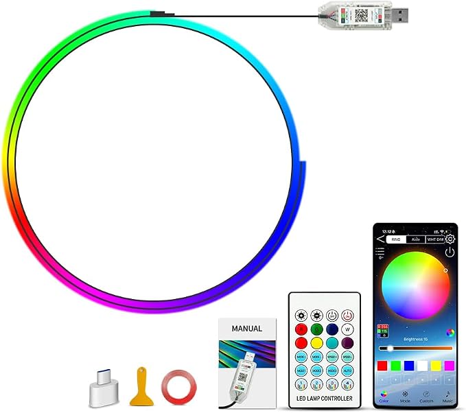 Ambient Lighting Car Led Lights Interior,43.3’’ USB Powered Acrylic Neon Flexible Strip Fiber Optic LED Ambient Lighting Kits with Remote APP, RGB Music Lights Sync for Inside car Dashboard by Unknown