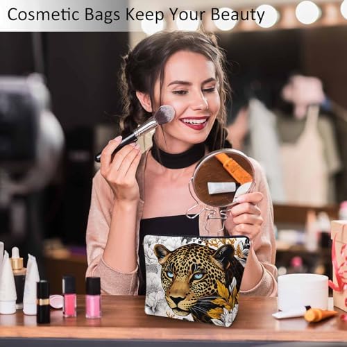Leopard Makeup Bags Makeup Organizer, African Golden Leopard Peony Rose Cheetah Flax Toiletry Bags Travel Cosmetic Bag Makeup Purse Pouch Skincare Bag Wallet Bags For Women Female Mom - Image 2