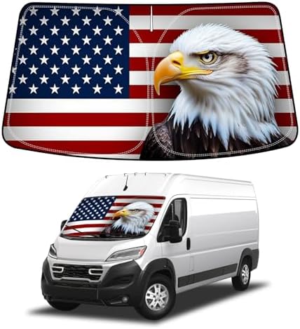 Bestview American Eagle Flag Windshield Sun Shade for 2014-2025 Dodge Ram ProMaster: Windshield Cover Sunshade for Cargo Van Accessories, Foldable Front Window Sunshade Sun Visor Protector by BESTVIEW