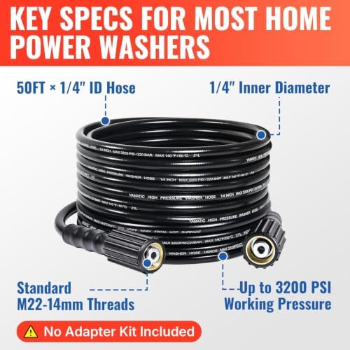 YAMATIC Pressure Washer Hose 50 FT 1/4", 3200 PSI, M22-14mm Females - Image 3