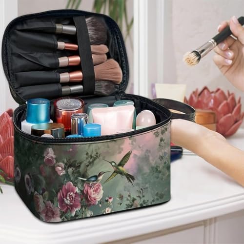 Hummingbird Make Up Bags for Women Portable Lightweight Floral Cosmetic Bag with Handle Womens Travel Makeup Bag for Vacation Daily Party - Image 3