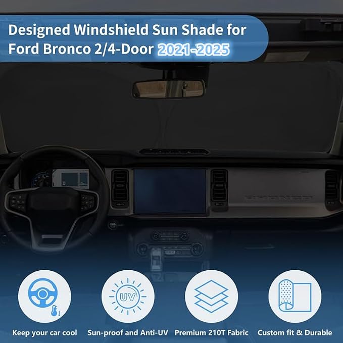 Windshield Sun Shade Sun Visor Accessories for Ford Bronco 2025-2021 | HOHUIGO Front Window Shade for Ford Bronco(Only for Bronco SPOR)Sun Visor windshield Sunshade Blocks UV Keep Car Cooler - Image 3
