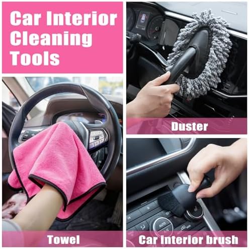 Windshield Cleaner Tool, 17Pcs Car Interior Detailing Kit, Detailing Brush, Towels, Duster, Car Cleaning Kit Interior for RVs, Truck, Trailer (Pink) - Image 6