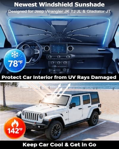 DMJN Umbrella Windshield Sun Shade for Jeep Wrangler JL JK JT TJ (2011-2026), Car Sunshade for Front Windshield [Nano Ice-Crystal Coatings] UPF50+ Heat & UV Block, Protect Interior & Keep Cooler - Image 2
