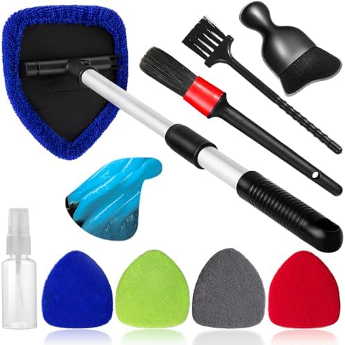 Qydipclin 10pcs Windshield Cleaner Tool, Car Window Cleaning Wash Kit with 4 Reusable Microfiber Pads 1 Spray Bottle and Extendable Handle Auto Glass Wiper Kit, Multicolor by Qydipclin
