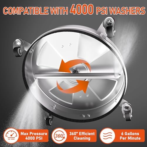 18" Dual Handle Pressure Washer Surface Cleaner with 4 Wheels, 4000 PSI Max Stainless Steel Surface Cleaner for Pressure Washer, 3/8" Inlet Connector, for Concrete, Patio, Sidewalk, Deck - Image 4