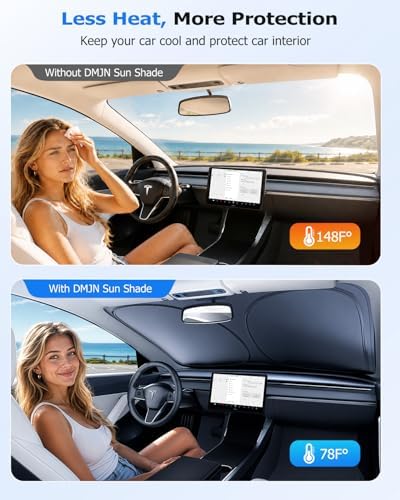 DMJN Front Windshield Sun Shade for Tesla New Model Y, Y & 3 (2017-2026), [Nano Ice-Crystal Coatings] UPF50+ Heat & UV Block, Protect Car Interior & Keep Cool, Flodable Steel-Ring Car Cover for Summer - Image 2