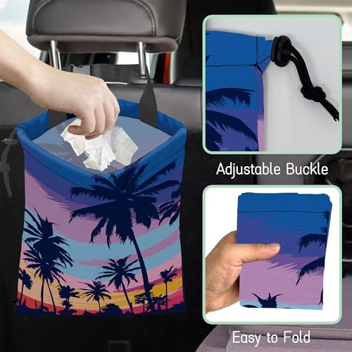 Palm Trees Car Garbage Bag,Sunset Waterproof Small Car Trash Bag Hanging Back of Seat,Drawstring Hanging Car Trash Bag with Adjustable Buckle for Car Accessories - Image 6