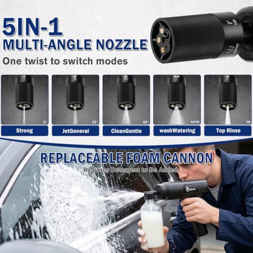 Syluris Cordless Portable Washer, Lightweight Car Cleaning Tool with 5-in-1 Nozzle, Handheld Cleaning Battery Washers for Car, Home, Patio & Garden (Black) - Image 3