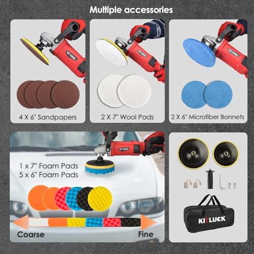 KITLUCK Buffer Polisher, 12Amp 6″/7″ Rotary Polisher for Car Detailing, 1400W 7 Variable Speed Car Buffer Polisher Machine, 800-3500RPM, with Foam Pad, Wool Pad For Car Polishing, Buffing, Waxing - Image 6