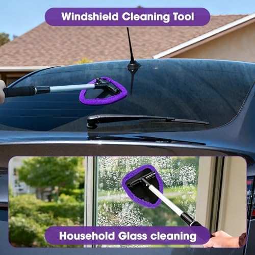 Purple Windshield Cleaner Tool, Car Interior Cleaning Kit with Extendable Handle and 3 Reusable Microfiber Pads, Auto Glass Wiper and Detailing Brush Kit for Car & Home Window - Image 2