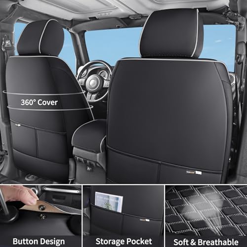 Huidasource 2018-2026 Wrangler JL Seat Covers 4 Door, Waterproof Wrangler Seat Covers Full Set, Custom Seat Cushion Protector Fit for Jeep JL 4-Door, W/O Rear Cupholder (Full Set/Black&White) - Image 2