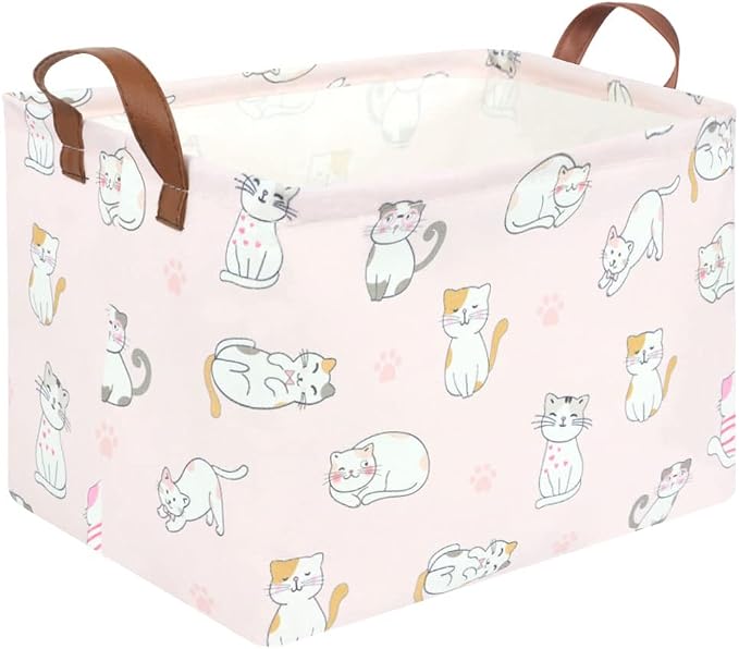 FXOLCSHE Rectangular Pink Cat Baskets,Cute Storage Basket Bin,Pink Gift Organizer,Empty Rectangular Cat Room Decor(Pink Cats) by FXOCSHE