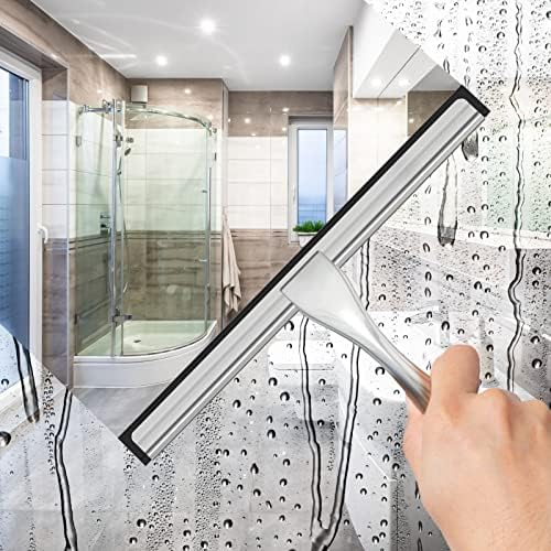 All-Purpose Stainless Steel Shower Squeegee for Shower Doors with 2 Adhesive Hooks, Bathroom Cleaner Tool Household Window Mirror Squeegee for Home Cleaning, Glass Door, Tile Wall, Car, 12 Inch Silver - Image 3