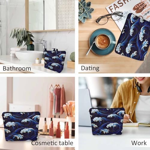Women Cosmetic Bag Japanese Waves, Traditional Ocean Wave Blue Cute Makeup Bag For Purse Cosmetic Travel Bag For Toiletries Makeup Storage Bag Flax Skincare Bag Make Up Pouch Bags - Image 6