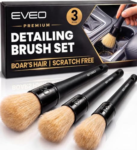 EVEO Car Detailing Brush Set - (3 Pack) Car Detailing Kit Interior, Car Interior Detailing Kit Car Detailing Brushes - Car Cleaning Brush, Car Detailing Brushes, Car Detailing Tools | Soft Boars Hair by EVEO