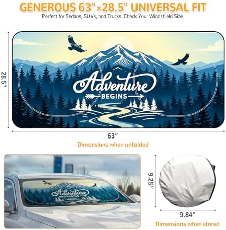 Windshield Sun Shade for Car, 63"x28.5" Stylish Printed Front Window Sunshade with Double Steel Ring Frame, Universal Fit Foldable Heat Blocker & UV Protector, with Storage Pouch (Peak) - Image 2