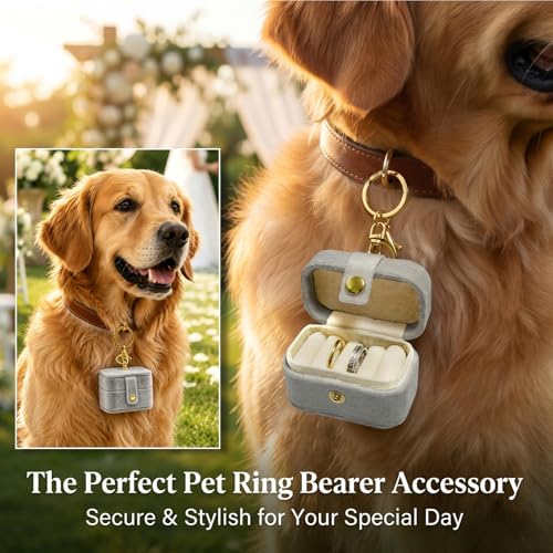 Ring Bearer Pillow Box for Dog Collar, Velvet Wedding Mini Ring Holder Pouch for Pet, Travel Ring Earrings Storage Box for Proposal Engagement Wedding Ceremony Party (Gray) - Image 6