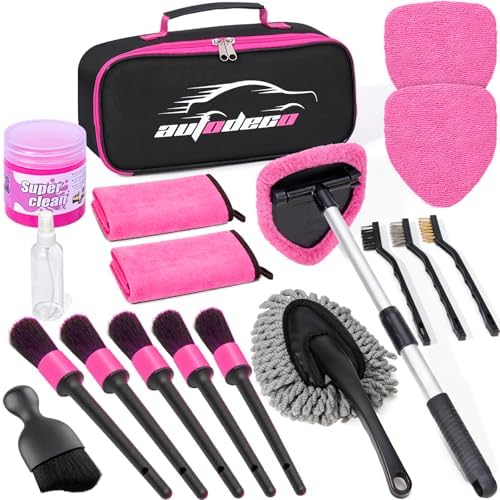 Windshield Cleaner Tool, 17Pcs Car Interior Detailing Kit, Detailing Brush, Towels, Duster, Car Cleaning Kit Interior for RVs, Truck, Trailer (Pink) by AUTODECO