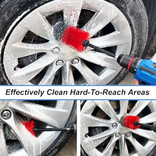 Wheel Brush Kit, Soft Drill Wheel Cleaner Brush, No Scratches Highly Dense Car Cleaning Brush Set for Wheels, Rims, Engines, Exhaust(Red/Black,2Pcs) - Image 4