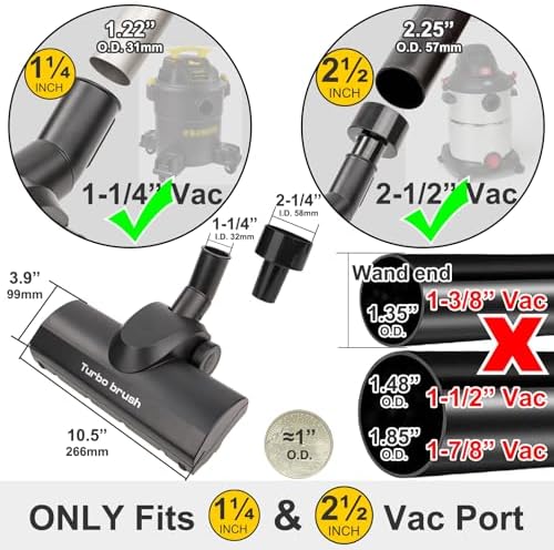 Turbo Brush Head Shop Vac Accessory 1.25" with 2.5" Hose Adapter, 1-1/4" 2-1/2" Shopvac Attachment for Wet Dry Vacuums, Ideal for Pet Hair Removal on Carpets Area Rugs Hardfloors - Image 3