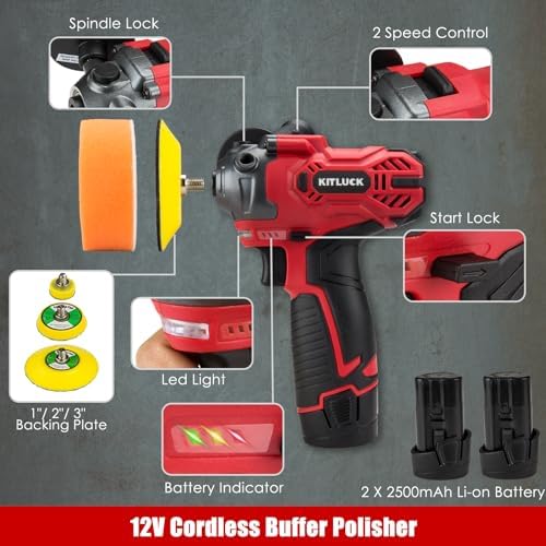 Cordless Buffer Polisher, 12V Mini Wax Buffer & Sander with 2 X 2.5Ah Battery & Charger, 1/2/3" Backing Plate, 40pcs Polishing Pads, Variable Speed for Car Detailing/Buffing/Sanding/Waxing - Image 2