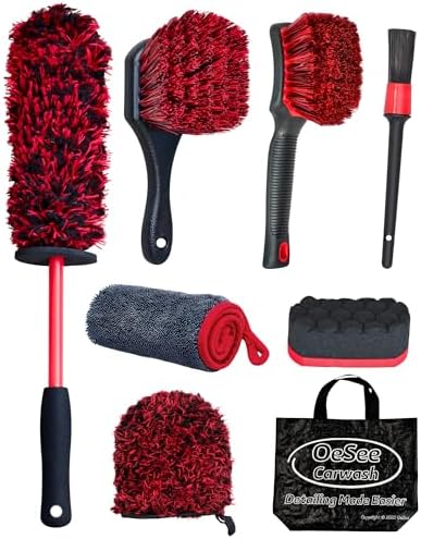oesee 8PCS Wheel Cleaning Kit with Microfiber Brush & Rubber Grip Tire Brush, Twist Loop Drying Towel, Detailing Brush, Applicator for Car Rim and Tire Care by OeSee