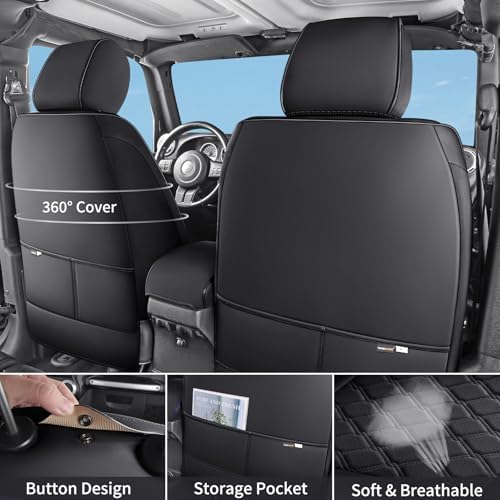Huidasource Wrangler Seat Covers Fullset 2007-2017, Custom Fit Seat Cushion Cover for Jeep Wrangler Unlimited Rubicon Sahara Sport Leather High Altitude Willys, Airbag Compatible (Full Set/Black) - Image 3