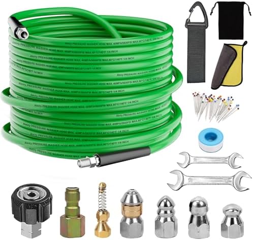 Sewer Jetter Kit for Pressure Washer,Water Jet Drain Cleaning Hose with Corner Rotating Button Spring Nose 1/4" NPT Sewer Cleaning Tool High-Pressure Nozzles,5800 PSI 50 FT by ALEIRY