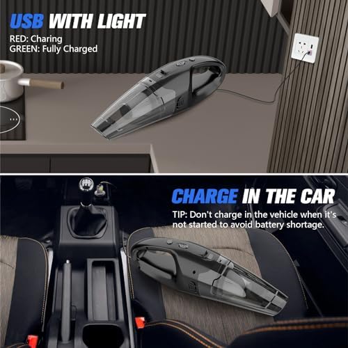 Handheld Vacuum Cordless Rechargeable with LED Light, Car Vacuum Portable Cordless, Hand Vacuum Cleaner Car Seats, Home, Quick Cleanup, Strong Suction, Lightweight, Includes Crevice Nozzle & Brush - Image 2