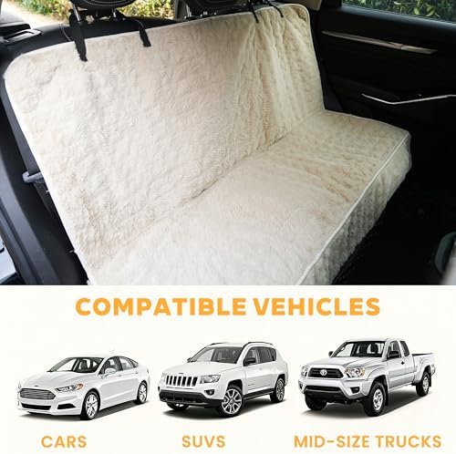 Dog Car Seat Cover, Waterproof Plush Pet Seat Protector, Beige, Back Seat | Faux rabbit fur, waterproof layer, non-slip silicone backing, side flaps, machine washable, fits most cars and SUVs - Image 2