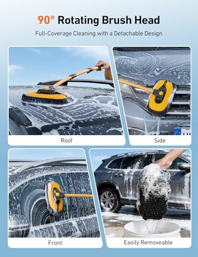 AstroAI 15°Curved Car Wash Brush with 43" Long Handle and 90° Rotating Replaceable Brush Head, Car Wash Kit with Microfiber Towel and Tire Brush for Car, SUV, RV, Floor Cleaning, Yellow - Image 6