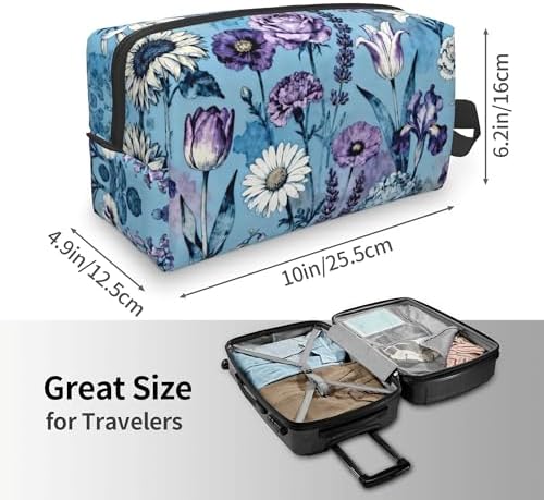 Blue and Purple Watercolor Floral Makeup Bag - Durable 600D Oxford Fabric Travel Cosmetic Bag, Shockproof Foam Padded Toiletry Organizer for Gym & Daily Use 10x6.2x4.9 Inch - Image 4
