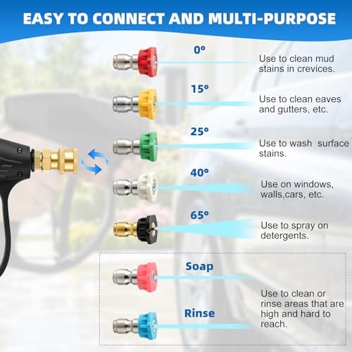 Pressure Washer Nozzles, 2 Pack 4000 PSI 360° Rotating Pressure Washer Tips Turbo Nozzle with 1/4" Quick Connect，7 Pack Pressure Washer Nozzle Tips Powerfully Cleaning for Car Concrete Brick - Image 4