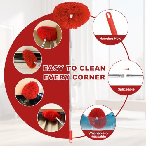 Ceiling Fan Cleaner Duster Reusable Microfiber Ceiling Fan Blade Cleaner Removable Duster with Extension Pole Adjusts 13 to 49.7 Inch for Cleaning Walls Bookshelves Furniture Door Window Top (Red) - Image 3